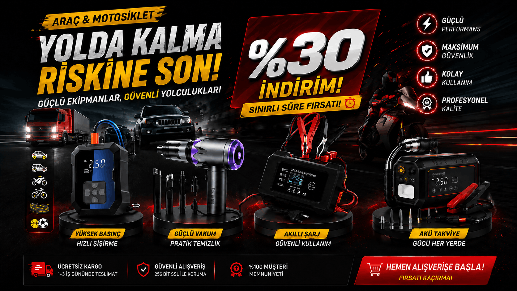 Akü takviye cihazı, hava kompresörü ve otomotiv kampanya vitrini