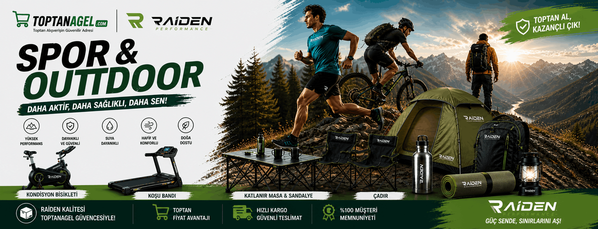Toptanagel ve Raiden spor outdoor ürünleri, çadır, katlanır masa sandalye, kondisyon bisikleti ve ko