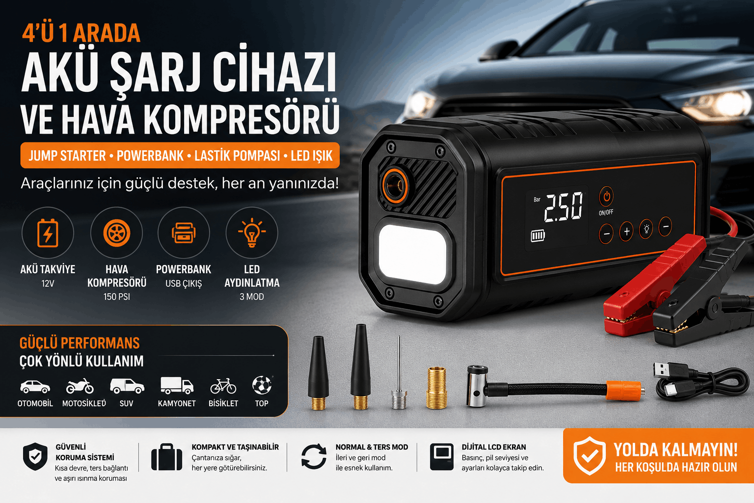 Jump starter ve hava kompresörlü taşınabilir akü şarj cihazı vitrini
