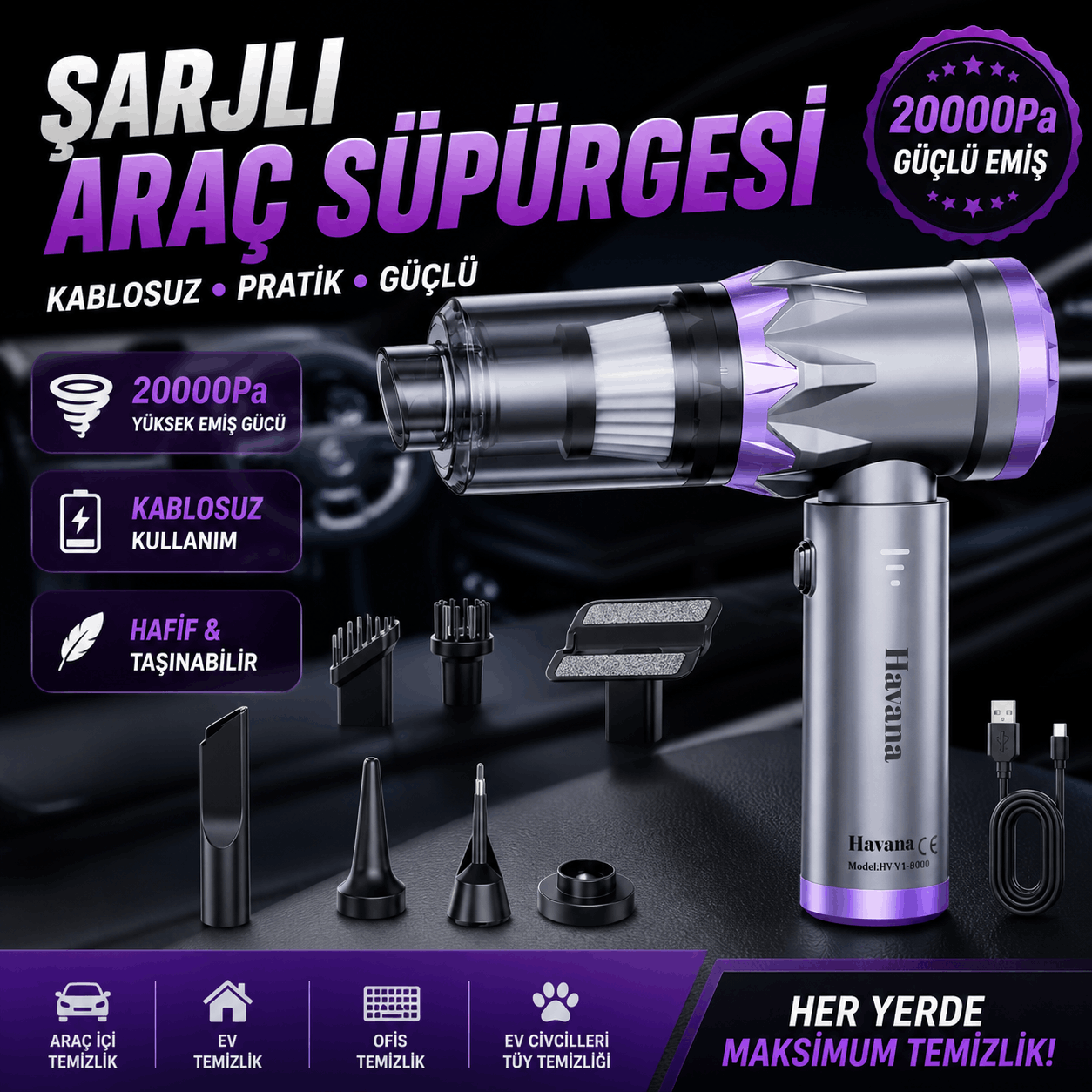şarjlı araç süpürgesi 20000pa güçlü emiş kablosuz oto süpürge toptan
