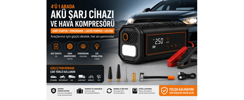 Jump starter özellikli taşınabilir akü şarj cihazı ve hava kompresörü