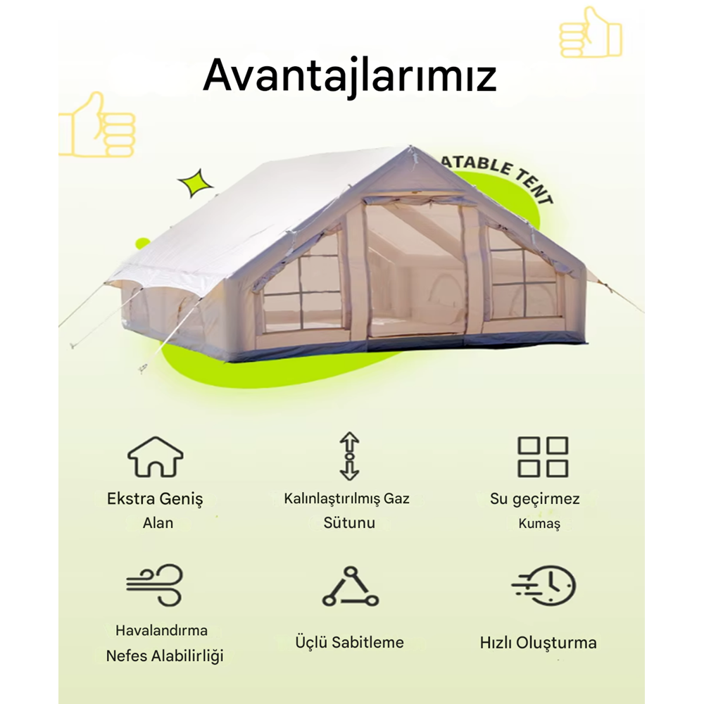 6 Kişilik 4 Mevsim Şişme Kamp Çadırı | 6.3 m² Geniş Yaşam Alanı | Hızlı Kurulum | Su Geçirmez Oxford Kumaş | El Pompalı