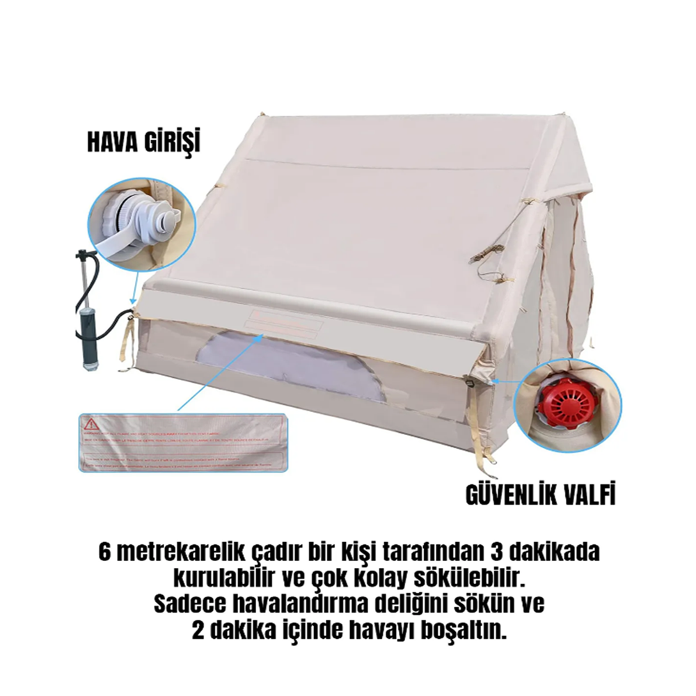 6 Kişilik 4 Mevsim Şişme Kamp Çadırı | 6.3 m² Geniş Yaşam Alanı | Hızlı Kurulum | Su Geçirmez Oxford Kumaş | El Pompalı