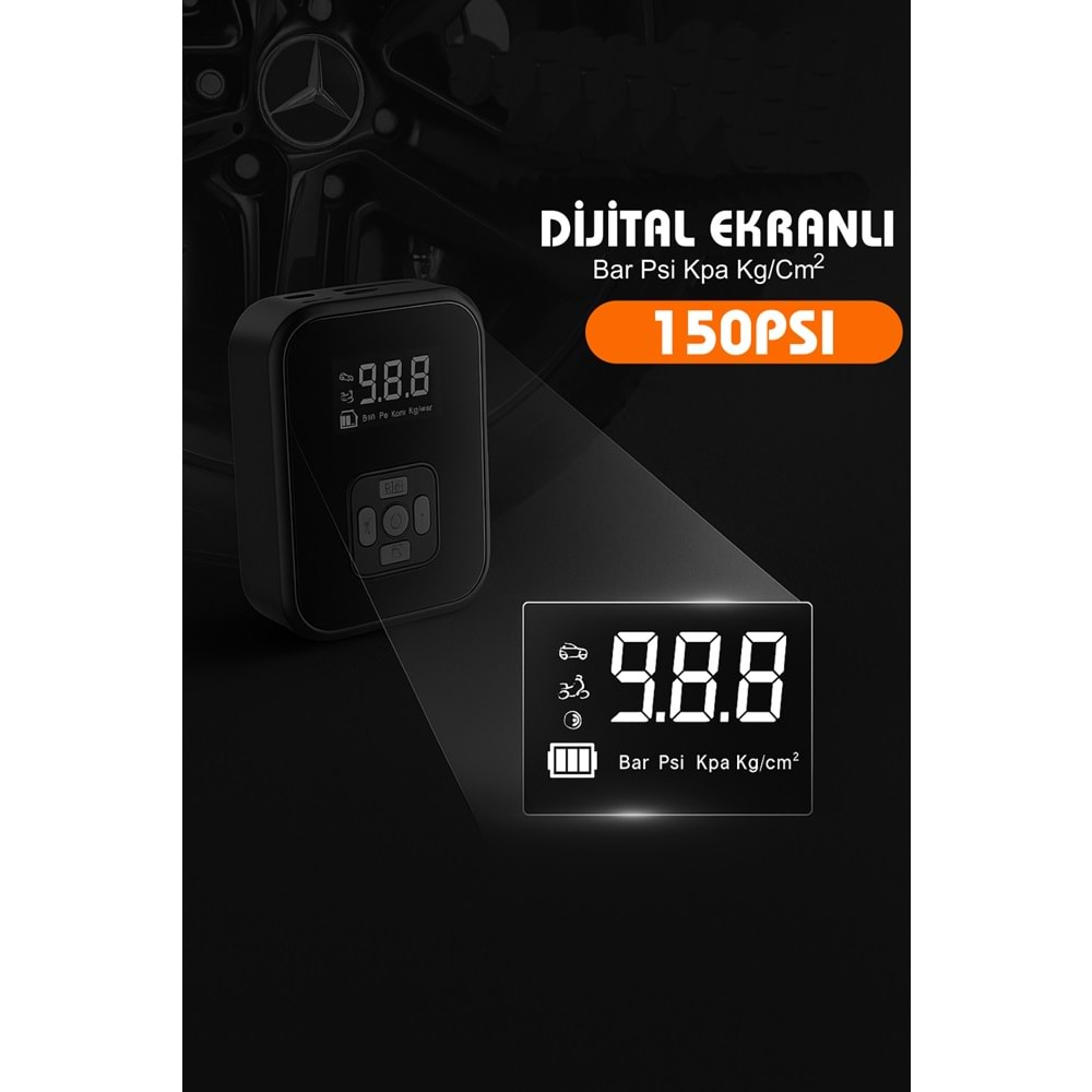 Akıllı 4000mAh Dijital Hava Kompresörü – 150PSI Şarjlı Taşınabilir Lastik Şişirme Pompası | Oto, Bisiklet, Top & Powerbank Özellikli