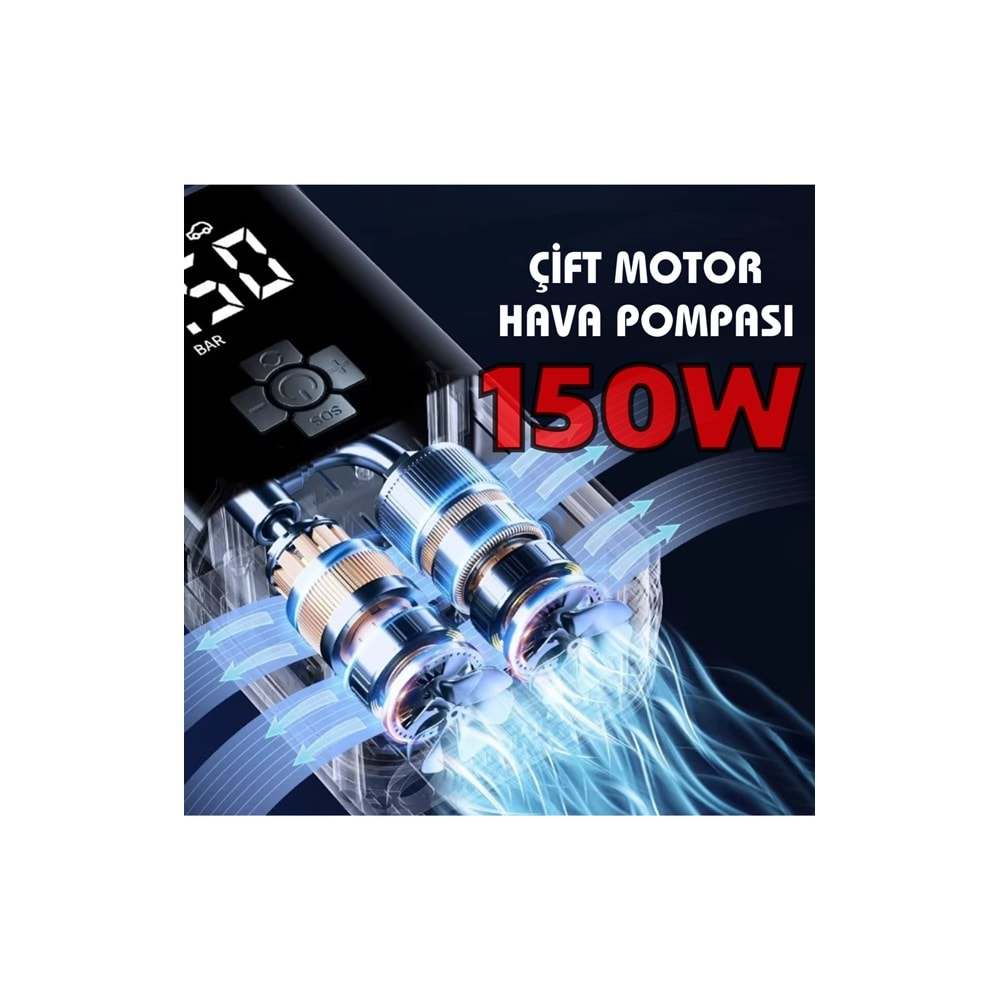 Akıllı 4000mAh Dijital Hava Kompresörü – 150PSI Şarjlı Taşınabilir Lastik Şişirme Pompası | Oto, Bisiklet, Top & Powerbank Özellikli