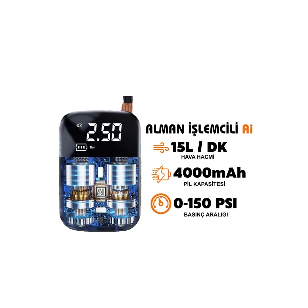 Akıllı 4000mAh Dijital Hava Kompresörü – 150PSI Şarjlı Taşınabilir Lastik Şişirme Pompası | Oto, Bisiklet, Top & Powerbank Özellikli