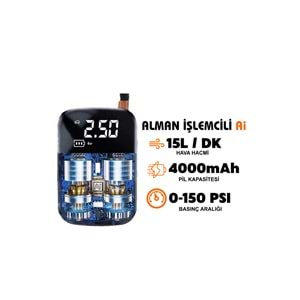 Akıllı 4000mAh Dijital Hava Kompresörü – 150PSI Şarjlı Taşınabilir Lastik Şişirme Pompası | Oto, Bisiklet, Top & Powerbank Özellikli