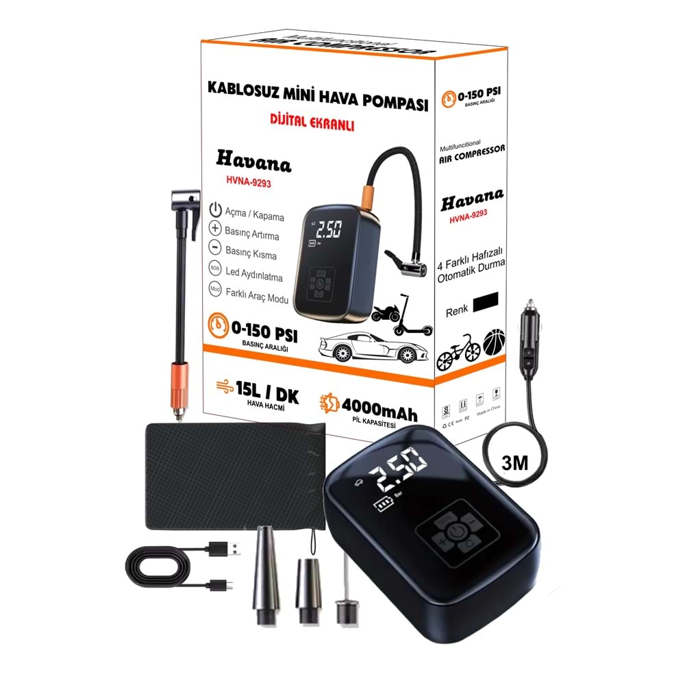 Akıllı 4000mAh Dijital Hava Kompresörü – 150PSI Şarjlı Taşınabilir Lastik Şişirme Pompası | Oto, Bisiklet, Top & Powerbank Özellikli