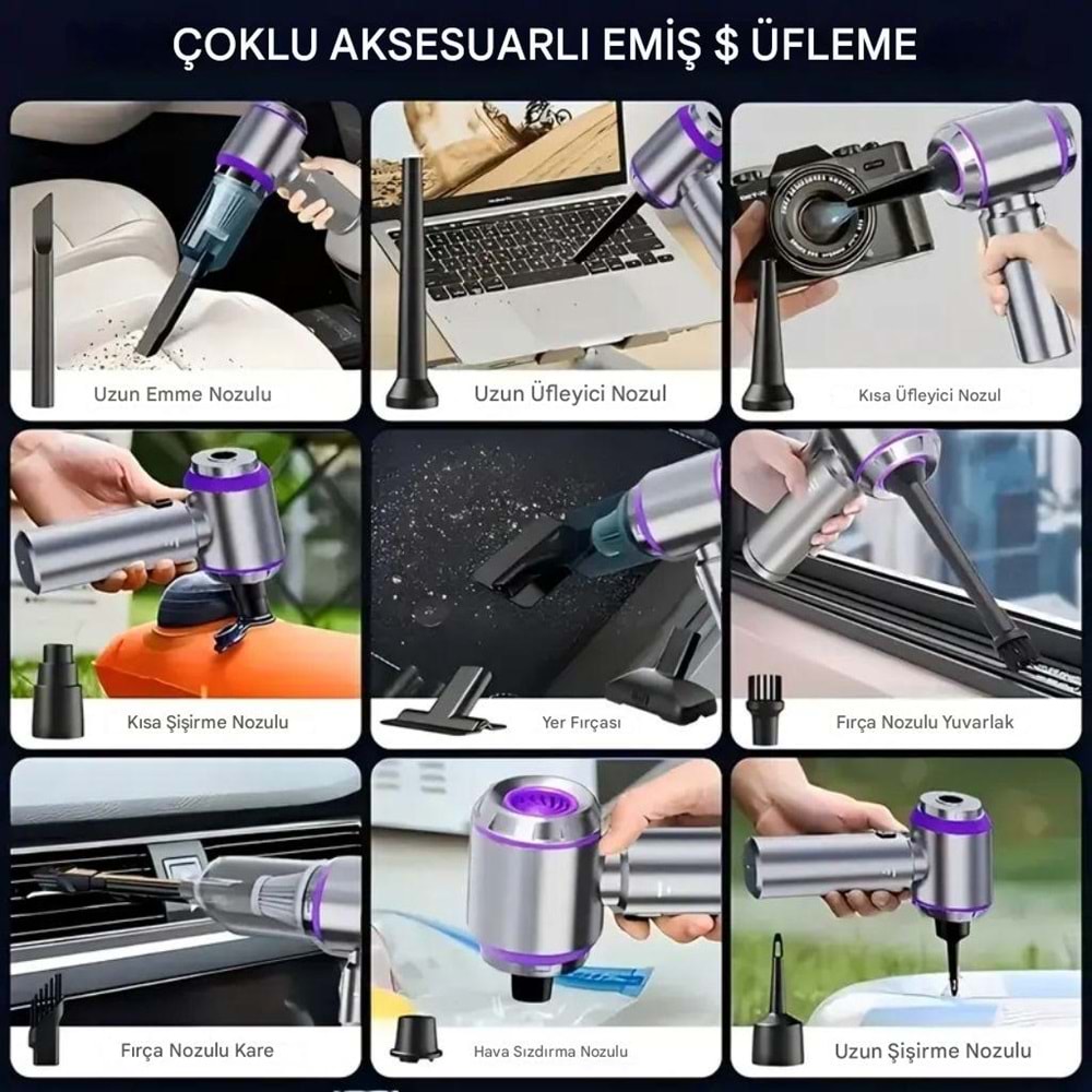 Kablosuz Güçlü Araç Süpürgesi Ve Hava Üfleyici | 20000pa Vakum Gücü | 3 Kademeli Hız | Oto Süpürgesi | Elektrikli Şarjlı Süpürge | Araç İçi Süpürge