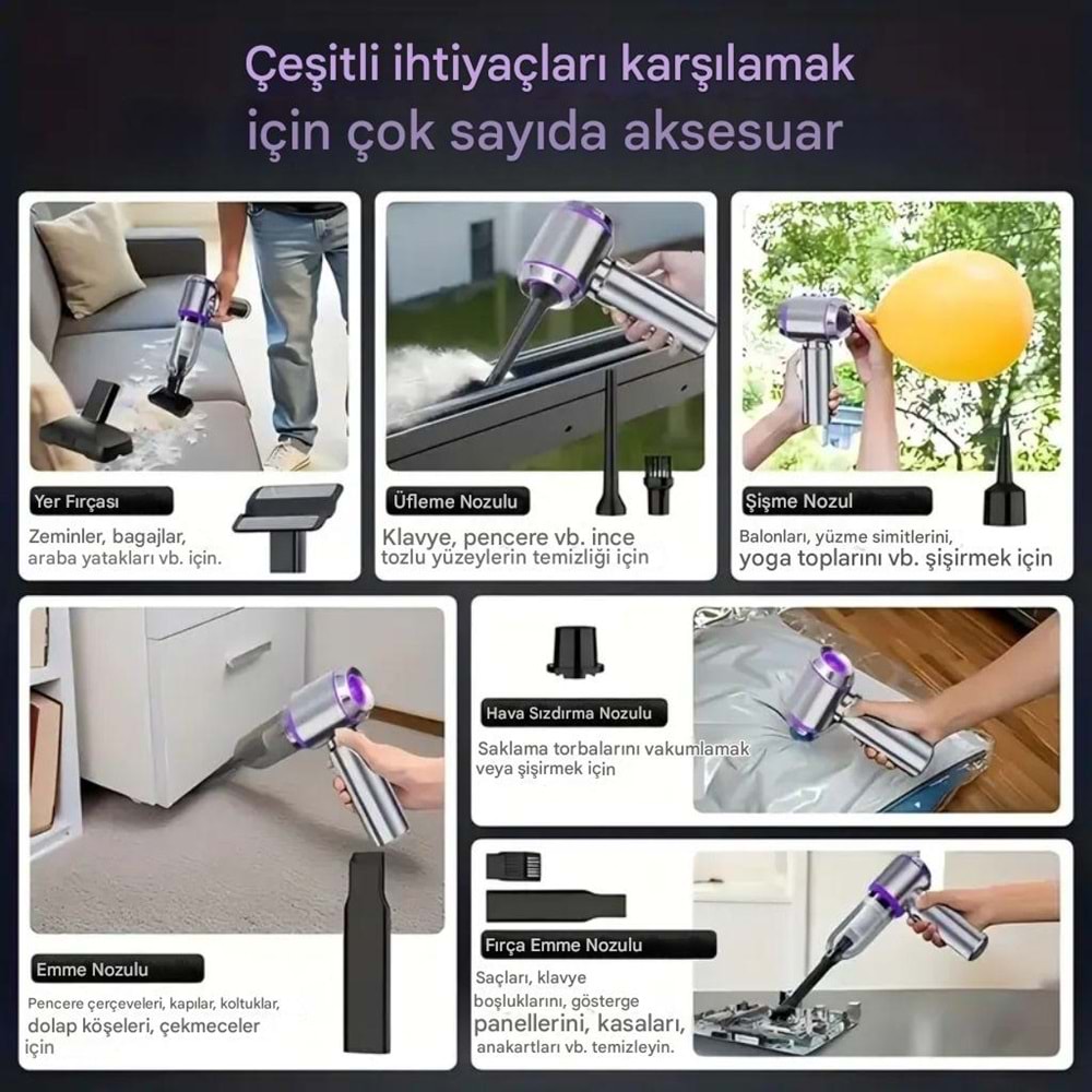 Kablosuz Güçlü Araç Süpürgesi Ve Hava Üfleyici | 20000pa Vakum Gücü | 3 Kademeli Hız | Oto Süpürgesi | Elektrikli Şarjlı Süpürge | Araç İçi Süpürge