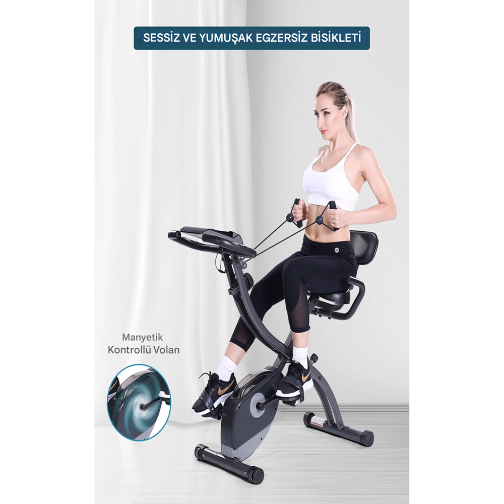 X 4’ü 1 Arada Katlanabilir Manyetik Kondisyon Bisikleti – Sessiz Spin Bike, LCD Ekranlı, Direnç Bantlı, Dikey Egzersiz Bisikleti