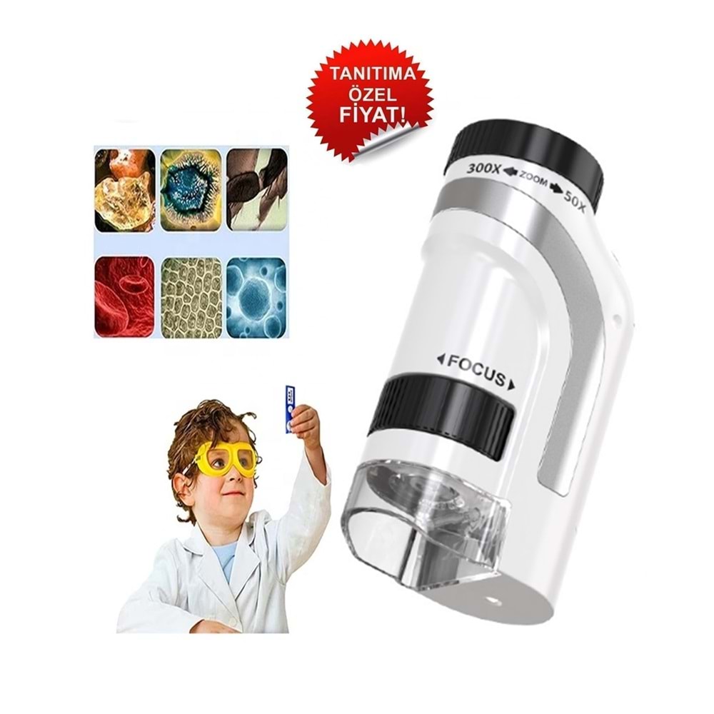 Mini Portatif Çocuk Mikroskop – 50X–300X Zoom, LED Işıklı, Eğitim ve Keşif Mikroskobu
