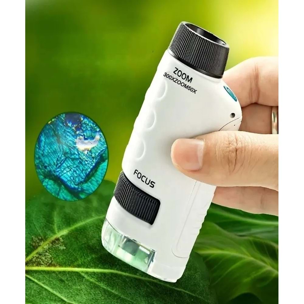 Mini Portatif Çocuk Mikroskop – 50X–300X Zoom, LED Işıklı, Eğitim ve Keşif Mikroskobu