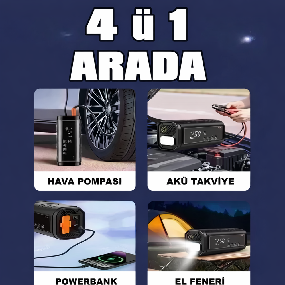 HT15 2 Fonksiyonlu 12V Akü Takviye Cihazı & Hava Kompresörü Powerbank Dijital Basınç Lastik Pompası