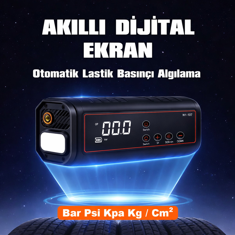 HT15 2 Fonksiyonlu 12V Akü Takviye Cihazı & Hava Kompresörü Powerbank Dijital Basınç Lastik Pompası