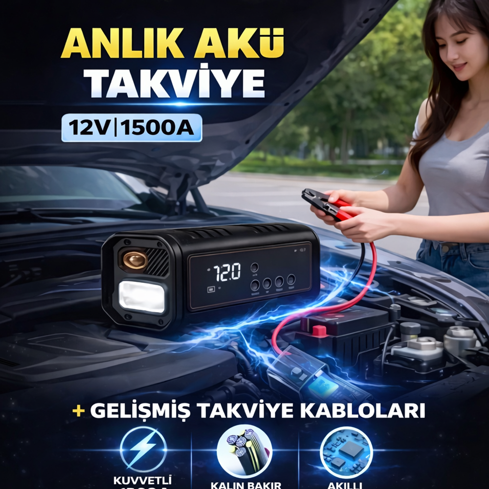 HT15 2 Fonksiyonlu 12V Akü Takviye Cihazı & Hava Kompresörü Powerbank Dijital Basınç Lastik Pompası