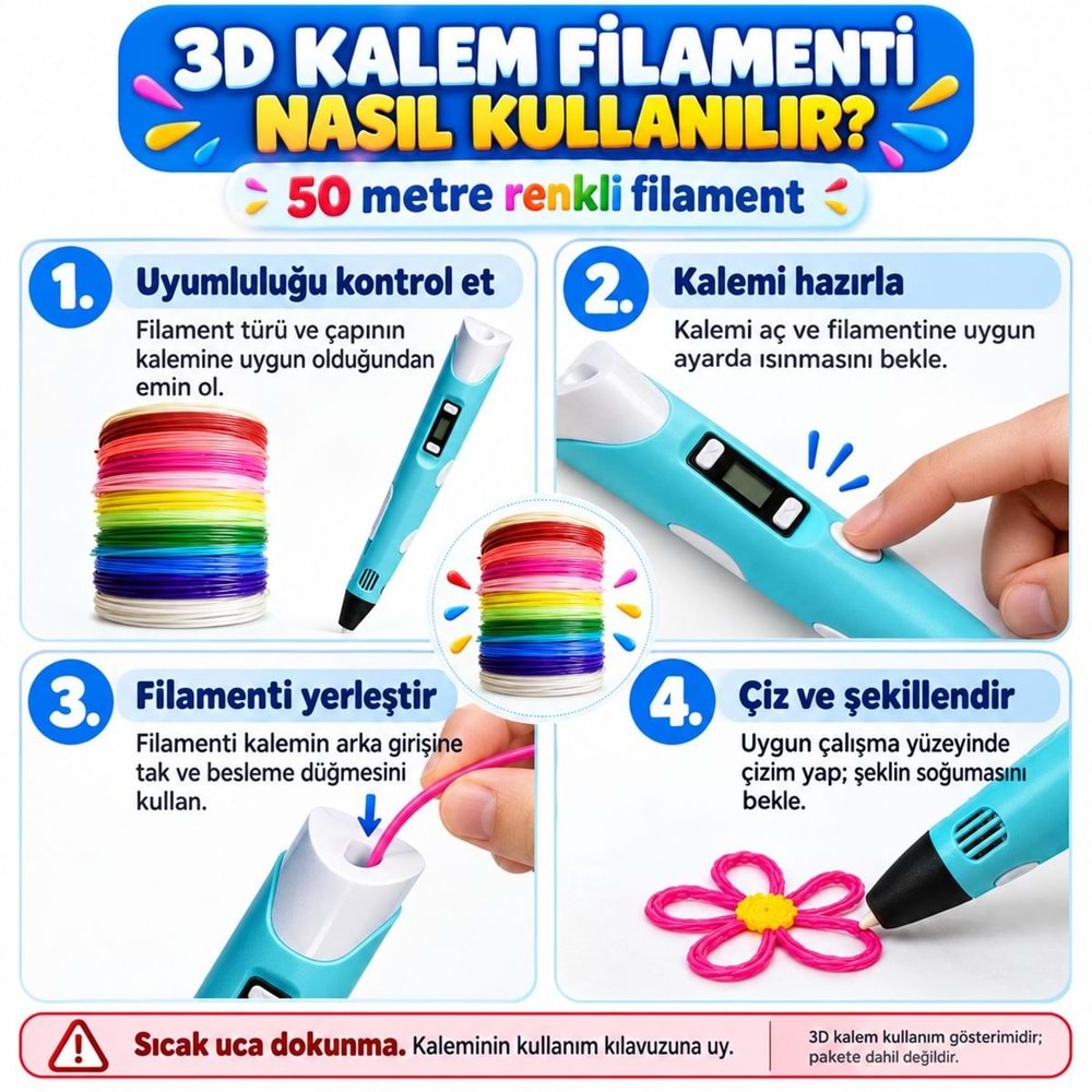 3D Kalem İçin 50 Metre Renkli Filament Seti