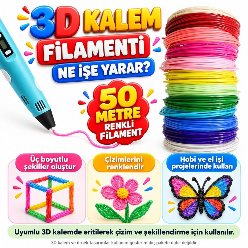 3D Kalem İçin 50 Metre Renkli Filament Seti