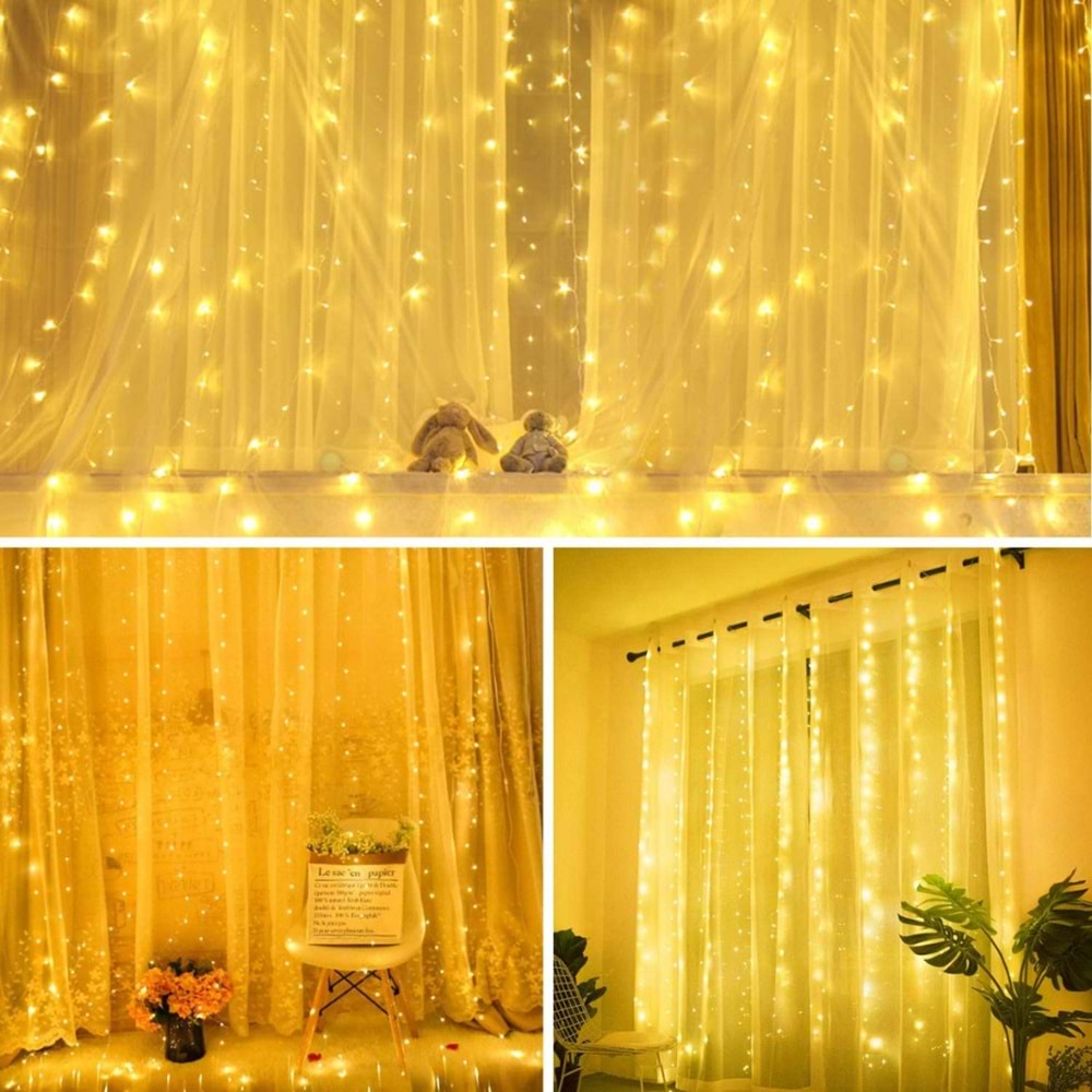 Peri Telli Led Perde Led Işık Kumandalı 300 Ledli 3X3 Metre Usbli 8 Animasyonlu Günışığı