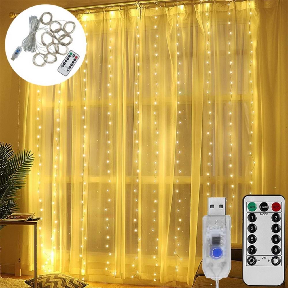 Peri Telli Led Perde Led Işık Kumandalı 300 Ledli 3X3 Metre Usbli 8 Animasyonlu Günışığı