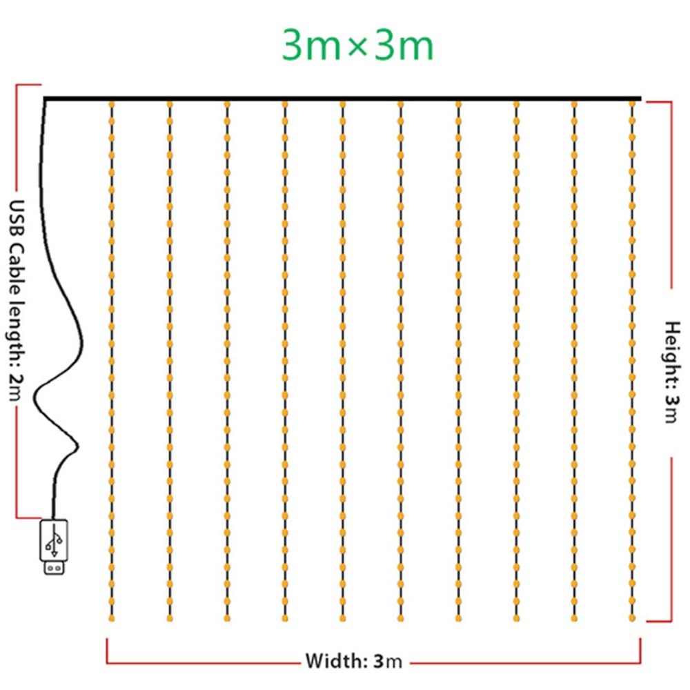 Peri Telli Led Perde Led Işık Kumandalı 300 Ledli 3X3 Metre Usbli 8 Animasyonlu Günışığı