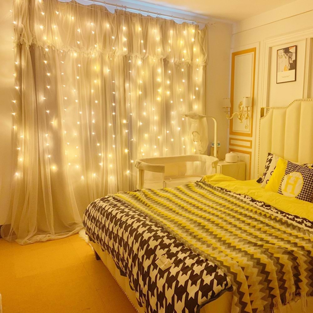Peri Telli Led Perde Led Işık Kumandalı 300 Ledli 3X3 Metre Usbli 8 Animasyonlu Günışığı