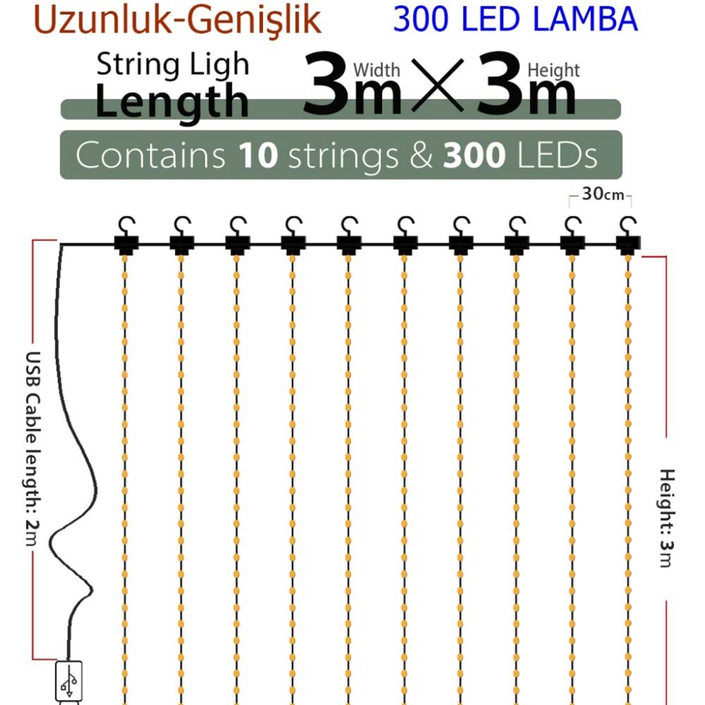 Peri Telli Led Perde Led Işık Kumandalı 300 Ledli 3X3 Metre Usbli 8 Animasyonlu Günışığı
