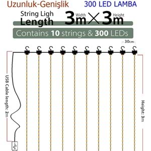 Peri Telli Led Perde Led Işık Kumandalı 300 Ledli 3X3 Metre Usbli 8 Animasyonlu Günışığı