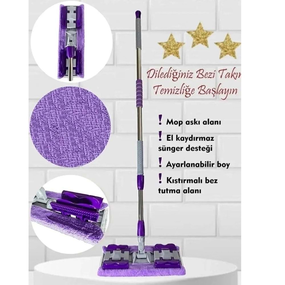 Mor Teleskobik Mandallı Mikrofiber Sihirli Mop Yüzey Temizleyici (duvar,fayans,yer,cam)