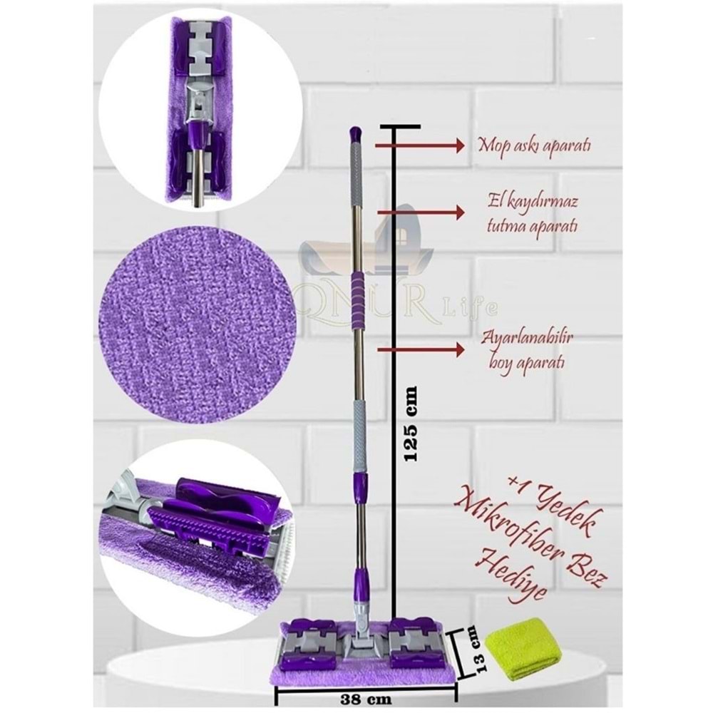 Mor Teleskobik Mandallı Mikrofiber Sihirli Mop Yüzey Temizleyici (duvar,fayans,yer,cam)