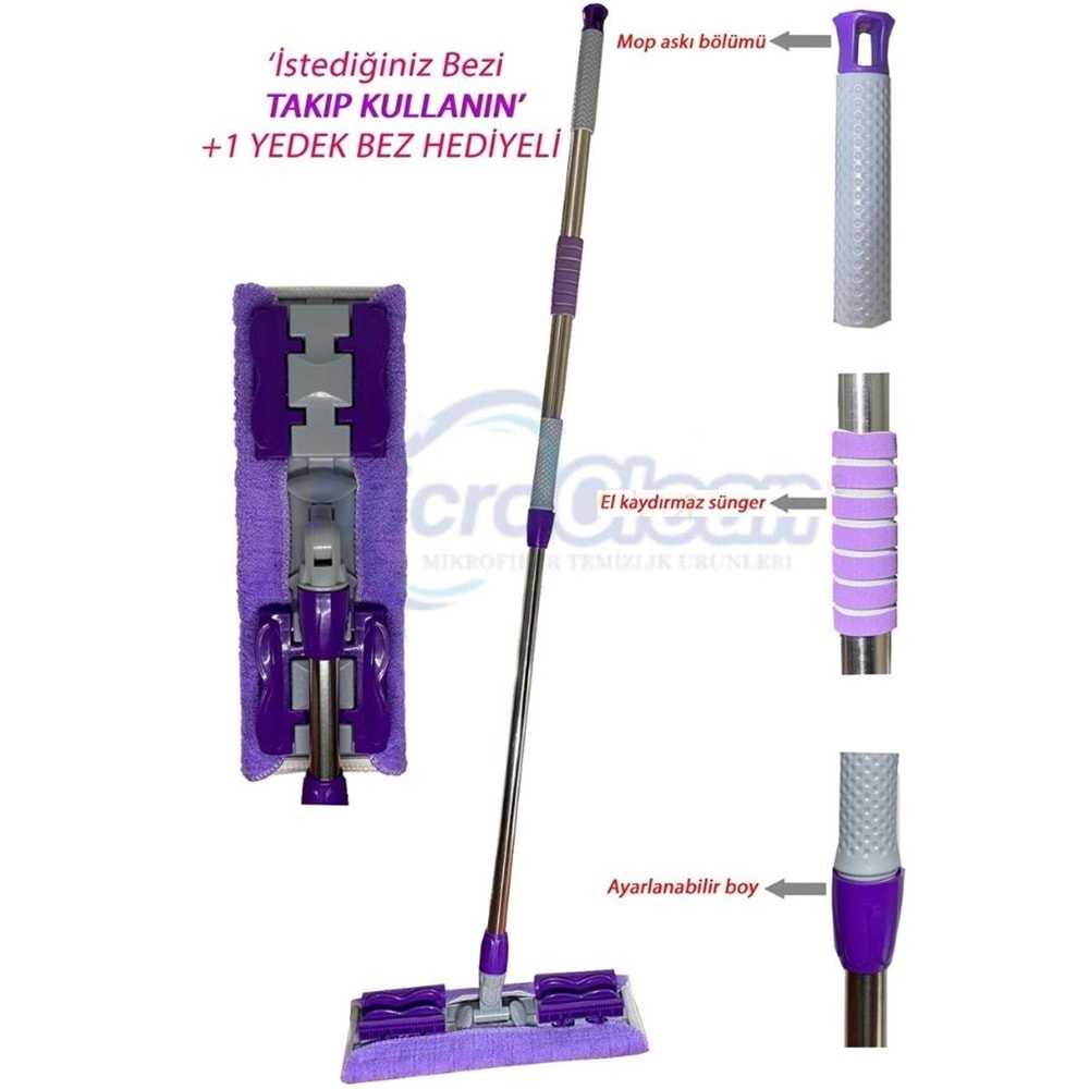 Mor Teleskobik Mandallı Mikrofiber Sihirli Mop Yüzey Temizleyici (duvar,fayans,yer,cam)