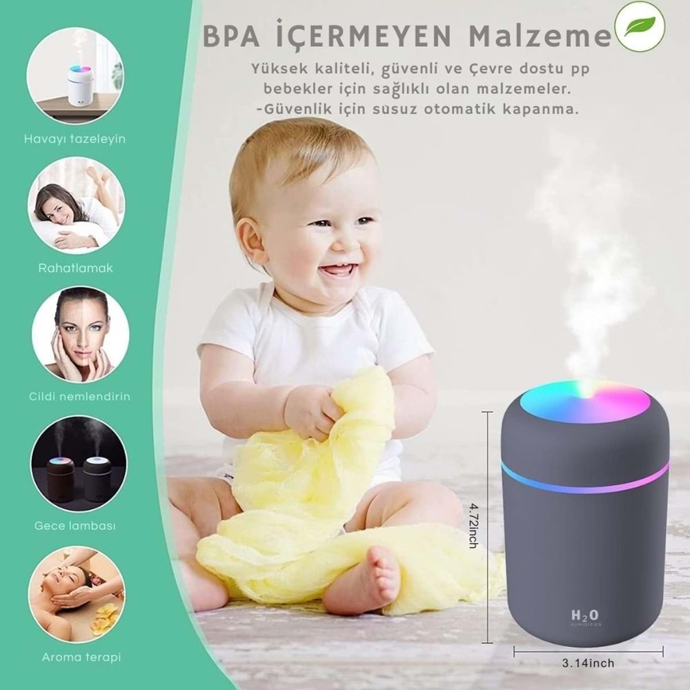 Gri H20 Hava Nemlendirici Led Işıklı Mini Ortam Oda Hava Nemlendirici Soğuk Buhar Makinesi