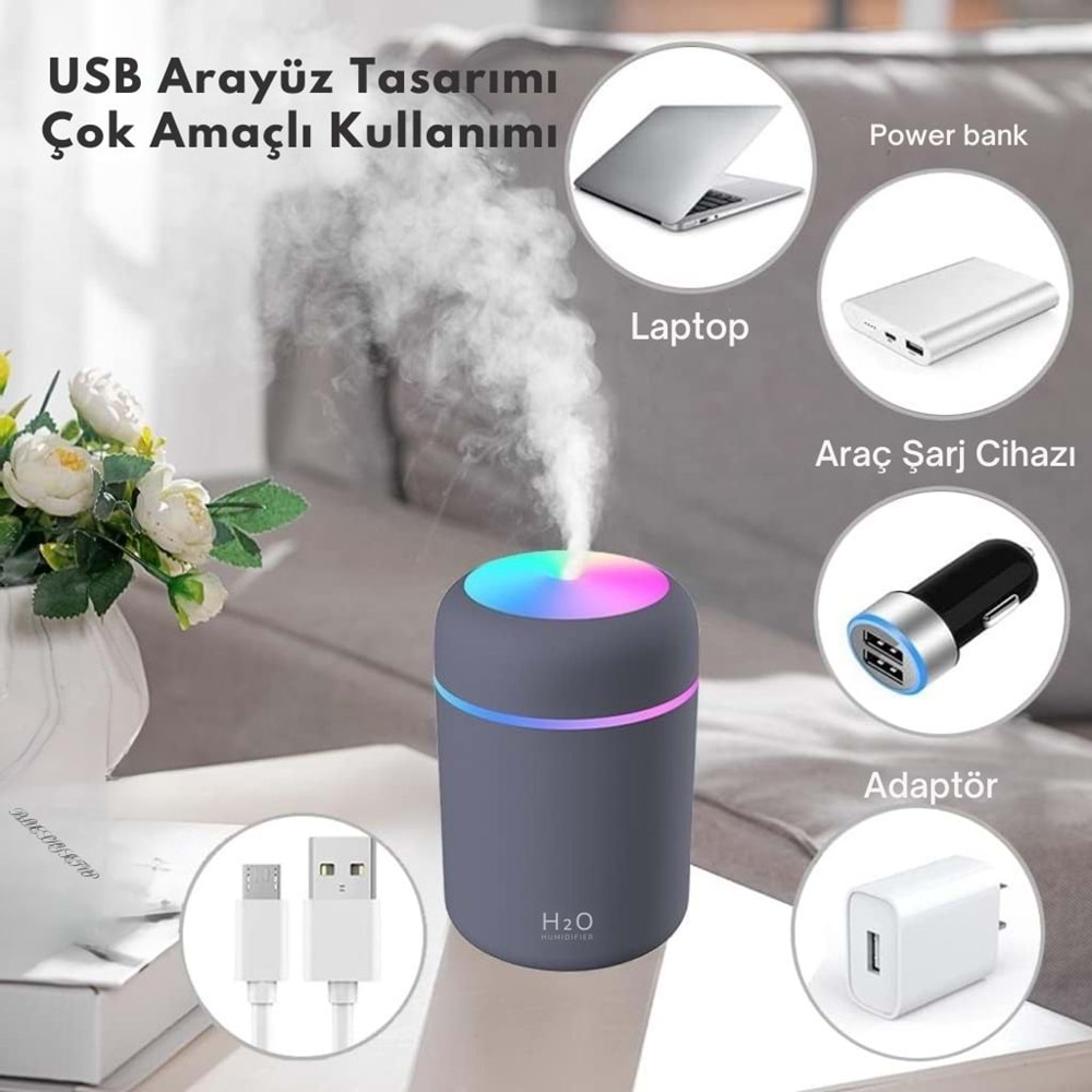 Gri H20 Hava Nemlendirici Led Işıklı Mini Ortam Oda Hava Nemlendirici Soğuk Buhar Makinesi
