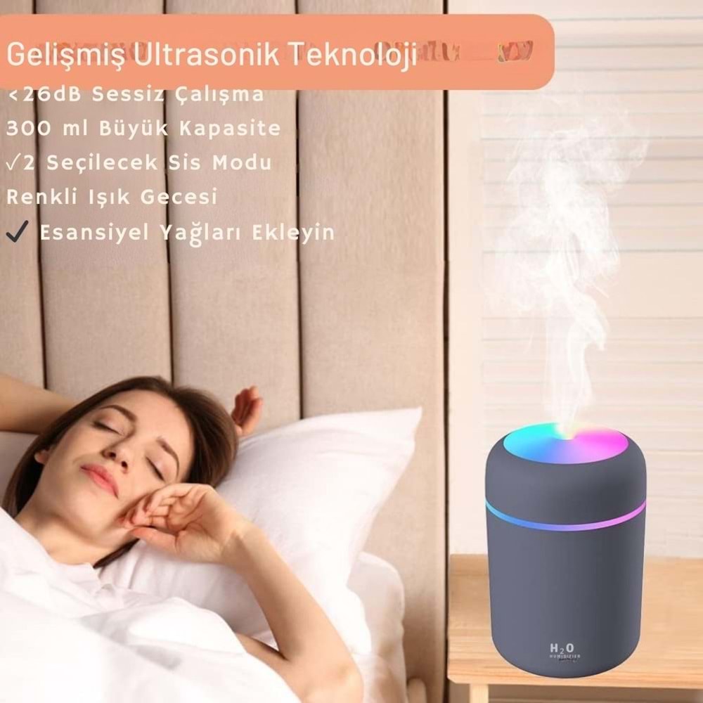 Gri H20 Hava Nemlendirici Led Işıklı Mini Ortam Oda Hava Nemlendirici Soğuk Buhar Makinesi