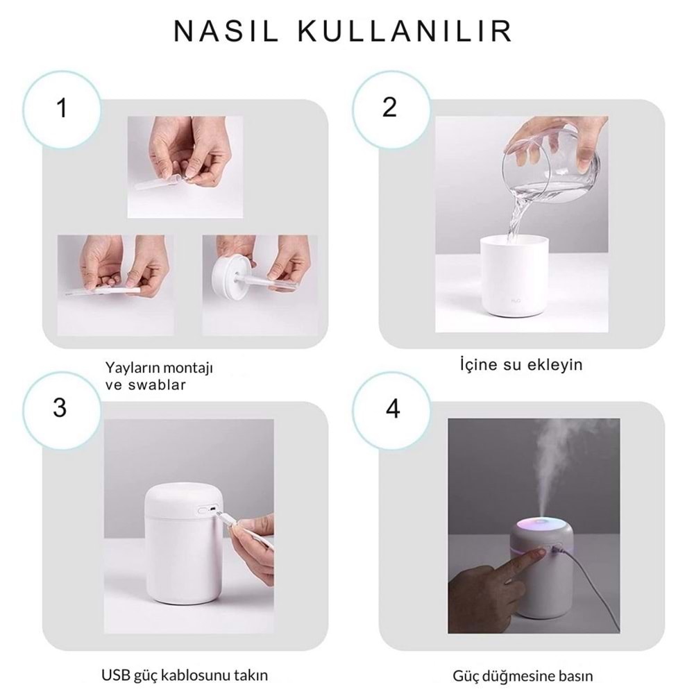Gri H20 Hava Nemlendirici Led Işıklı Mini Ortam Oda Hava Nemlendirici Soğuk Buhar Makinesi