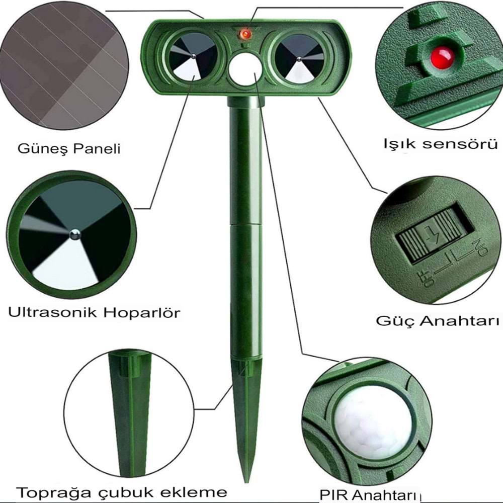 Ultrasonik Yabani Hayvan Engelleyici Uzaklaştırıcı Kaçırıcı Kedi,Köpek,Fare,Yılan,Akrep Hareket Sensörlü Tespitli Cihaz