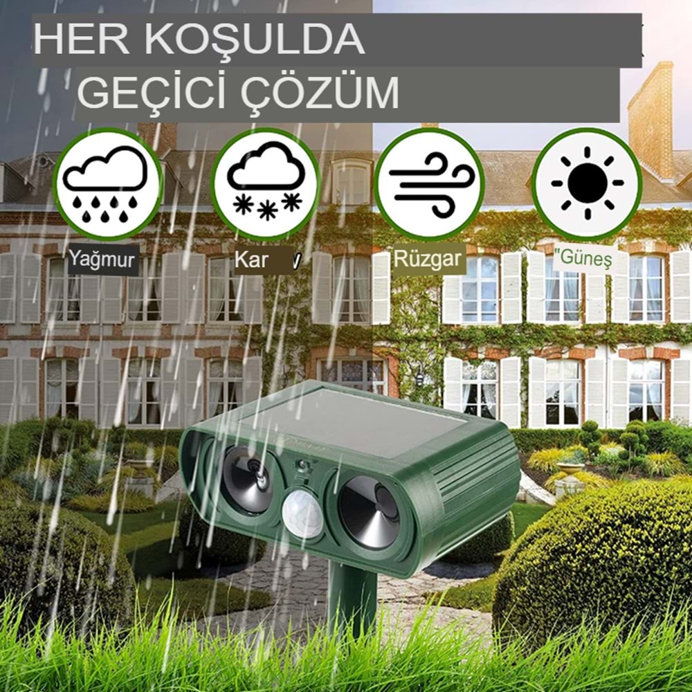 Ultrasonik Yabani Hayvan Engelleyici Uzaklaştırıcı Kaçırıcı Kedi,Köpek,Fare,Yılan,Akrep Hareket Sensörlü Tespitli Cihaz